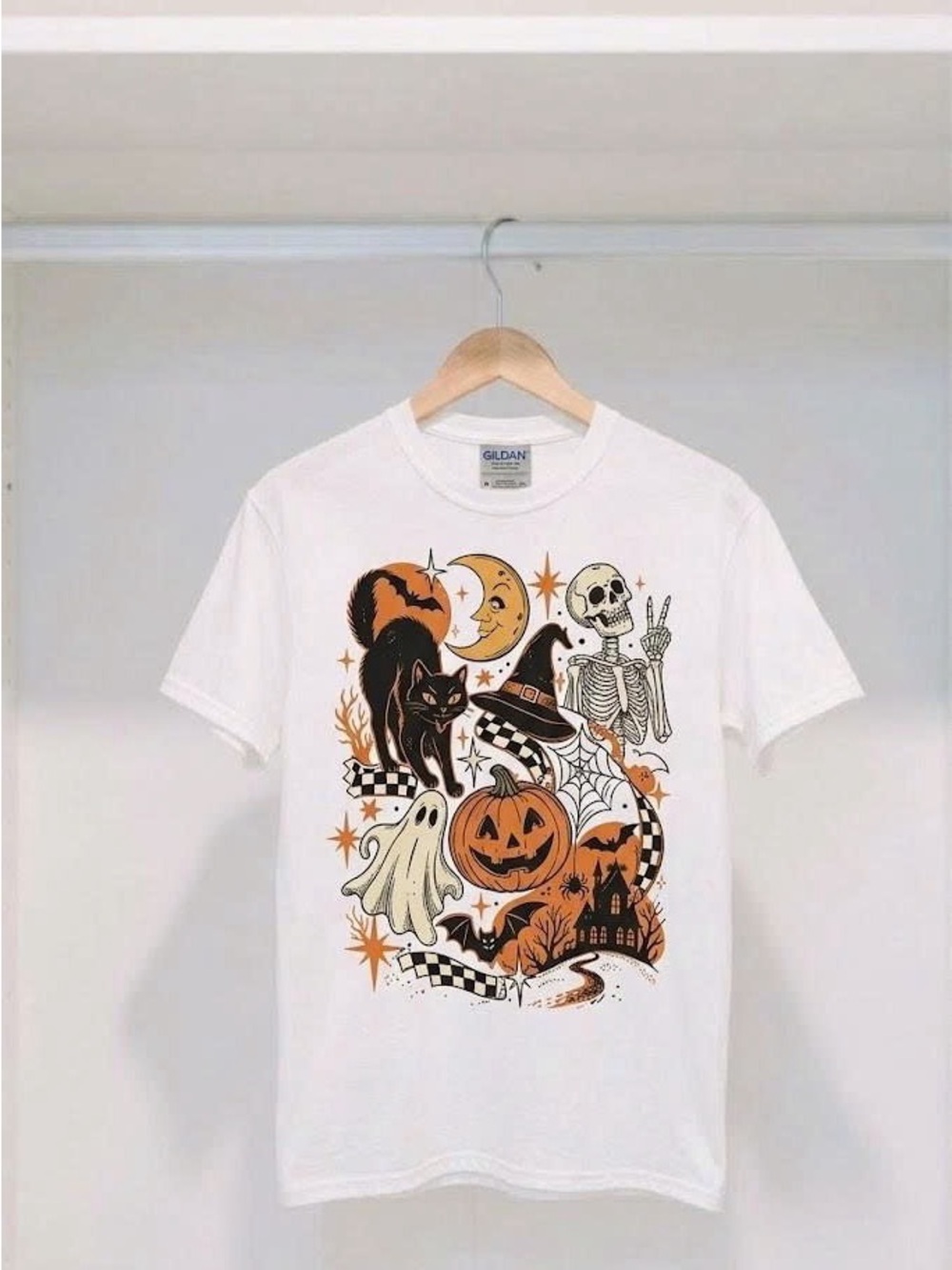 Vintage Halloween Graphic T-Shirt Retro Spooky Season Cat Skeleton Pumpkin Tee